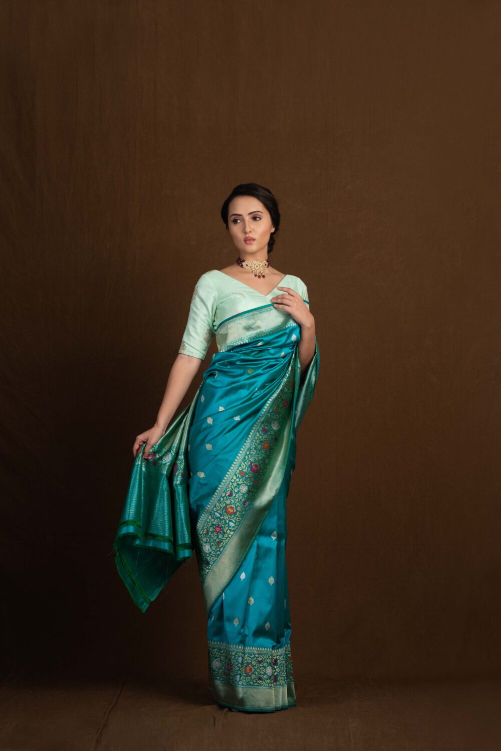 Firozi Meenakari Pure Katan Silk Handloom Banarasi Saree