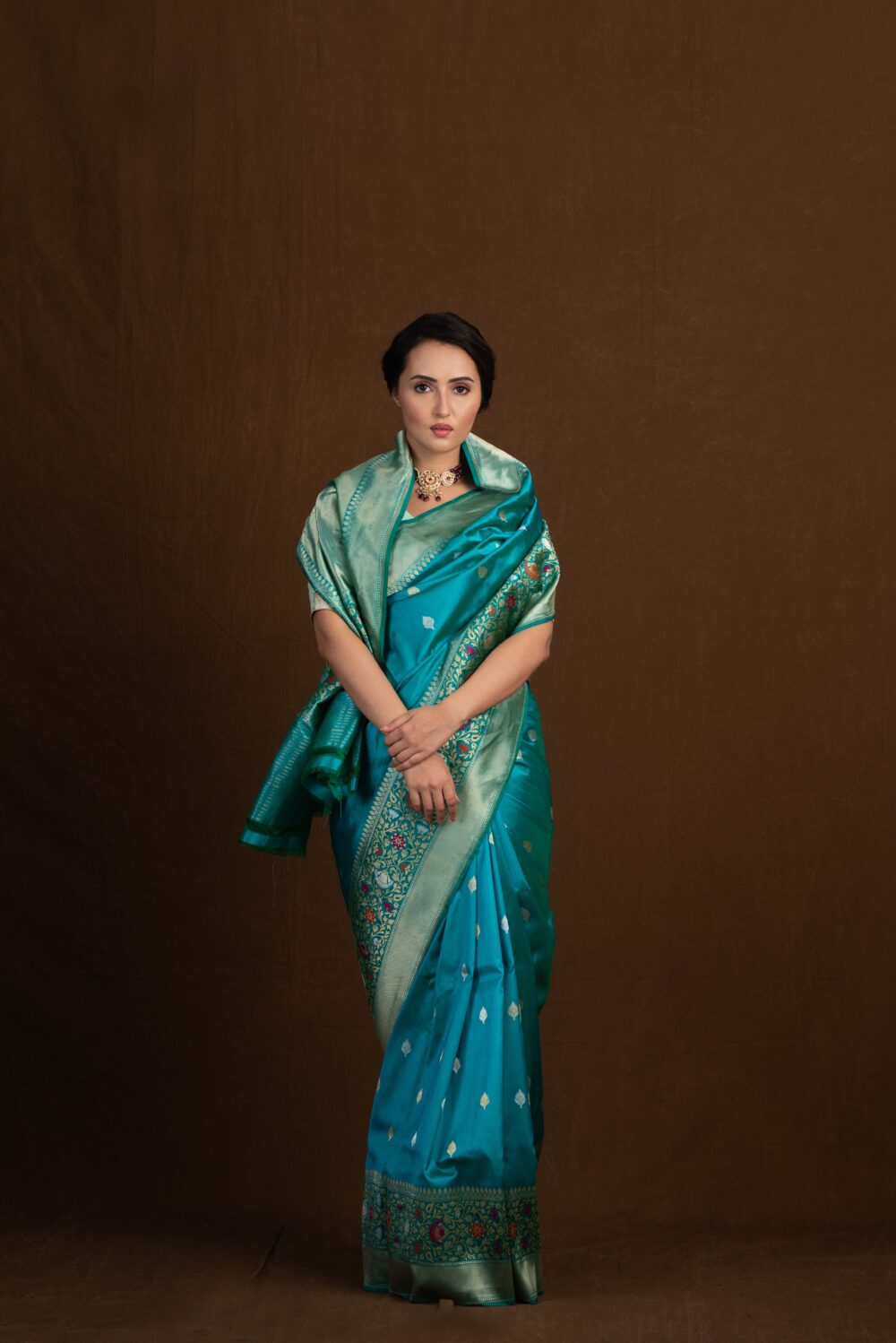 Firozi Meenakari Pure Katan Silk Handloom Banarasi Saree - Image 2