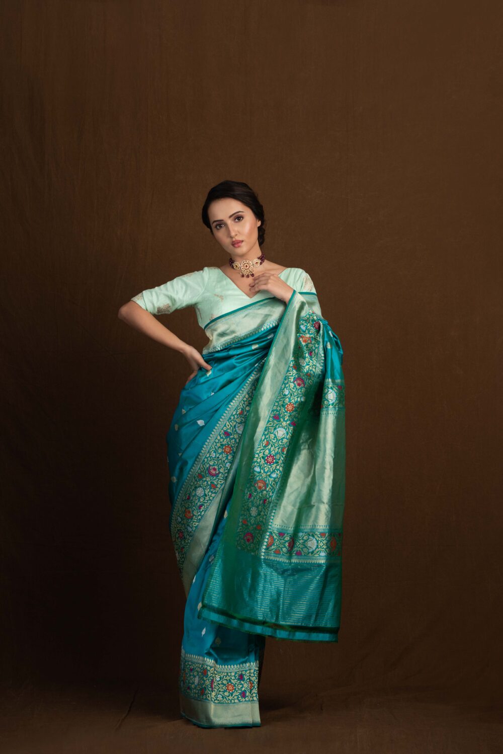 Firozi Meenakari Pure Katan Silk Handloom Banarasi Saree - Image 4