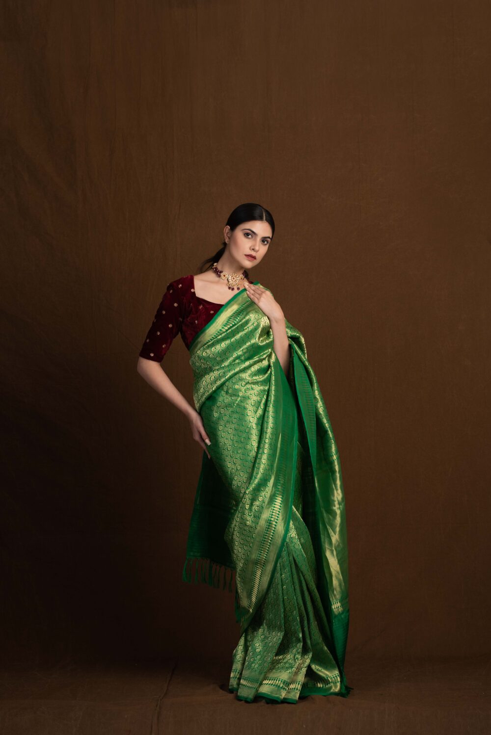 Green Pure Katan Silk Handloom Banarasi - Image 2