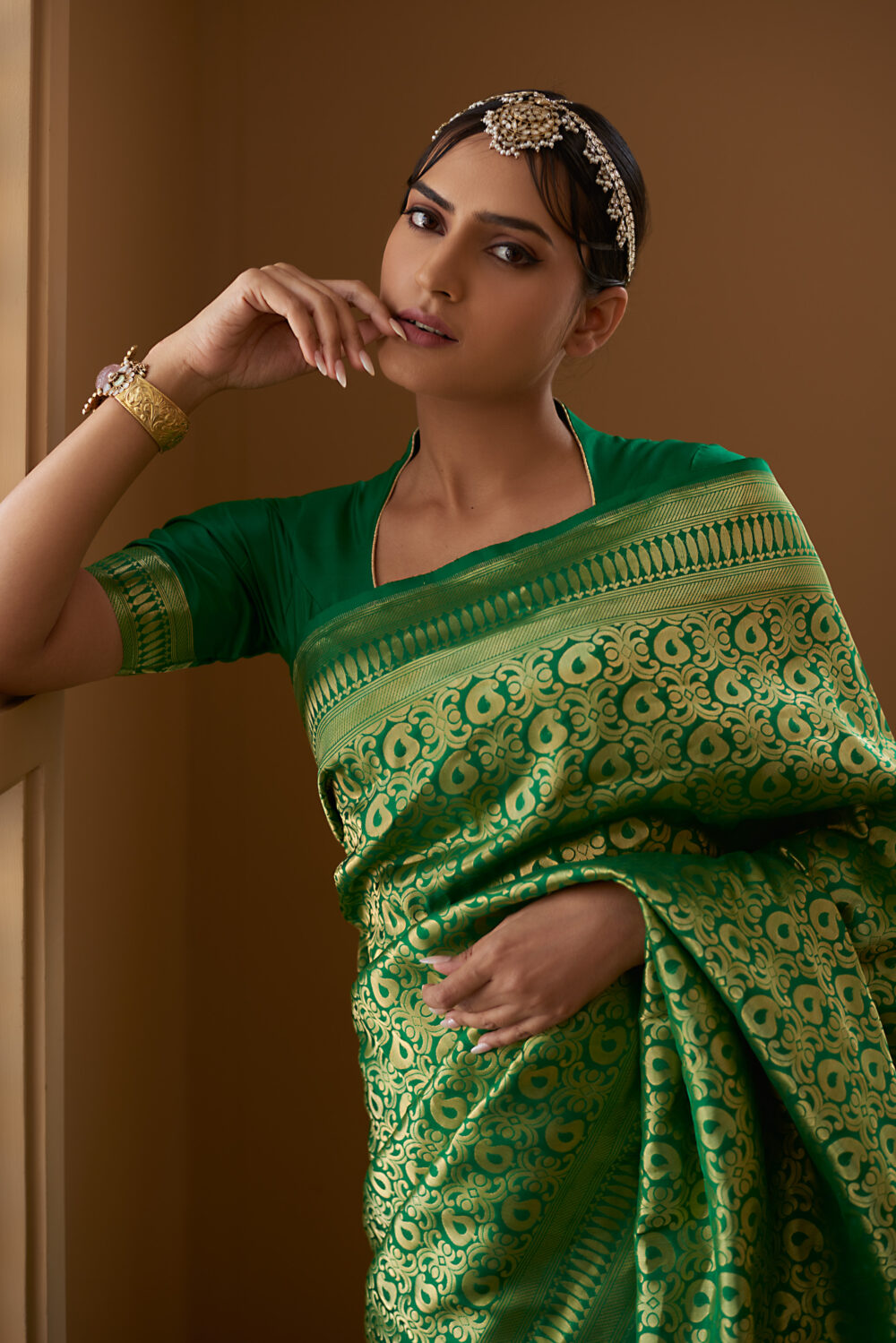 Green Pure Katan Silk Handloom Banarasi Saree - Image 3