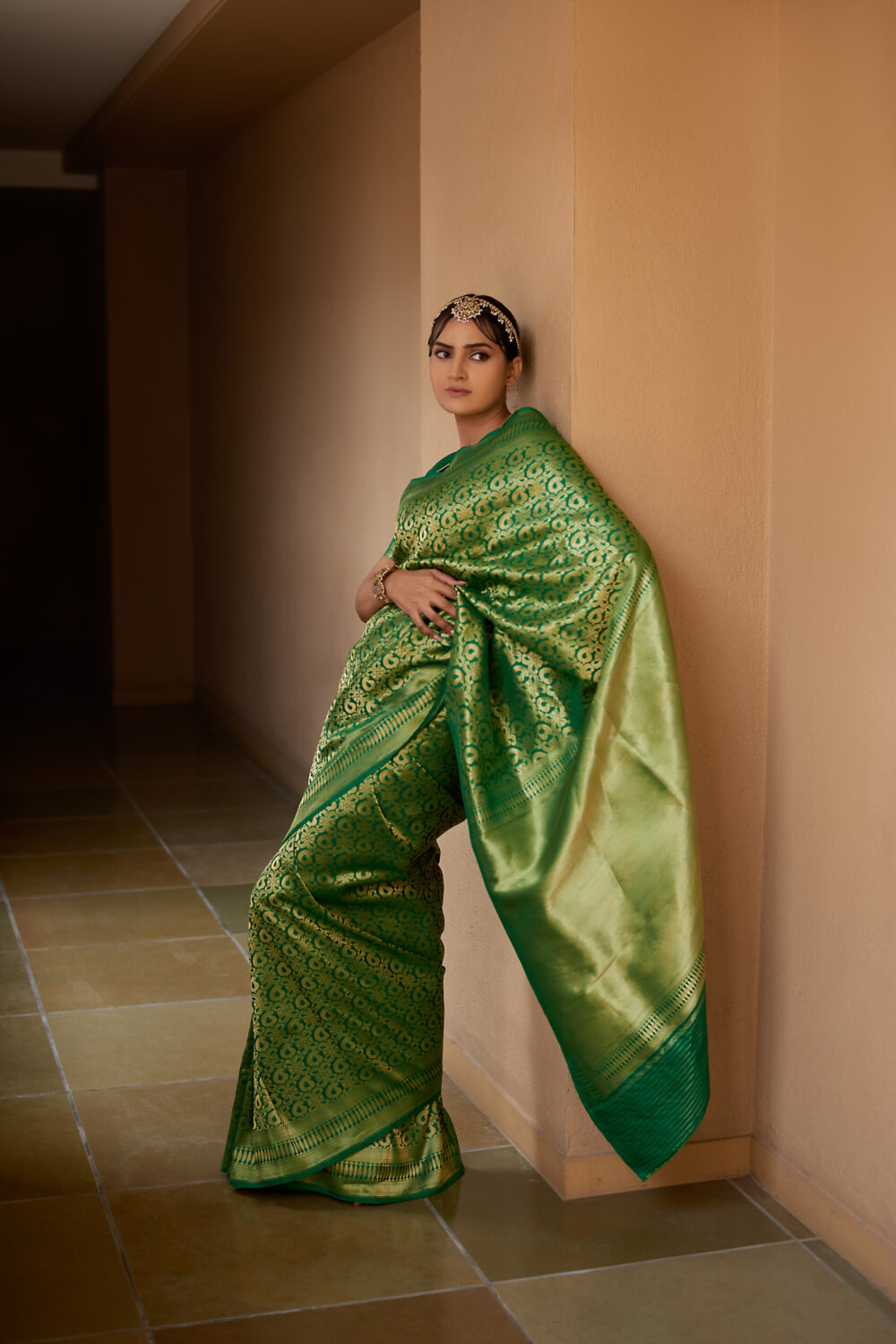 Green Pure Katan Silk Handloom Banarasi Saree - Image 2