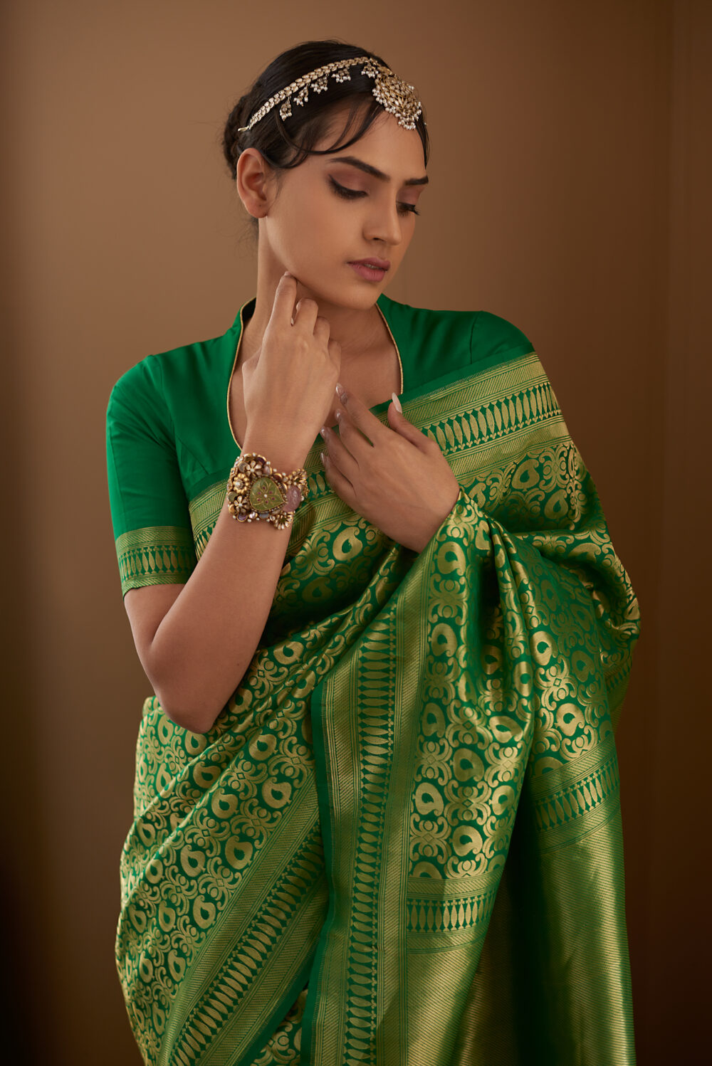 Green Pure Katan Silk Handloom Banarasi Saree - Image 4