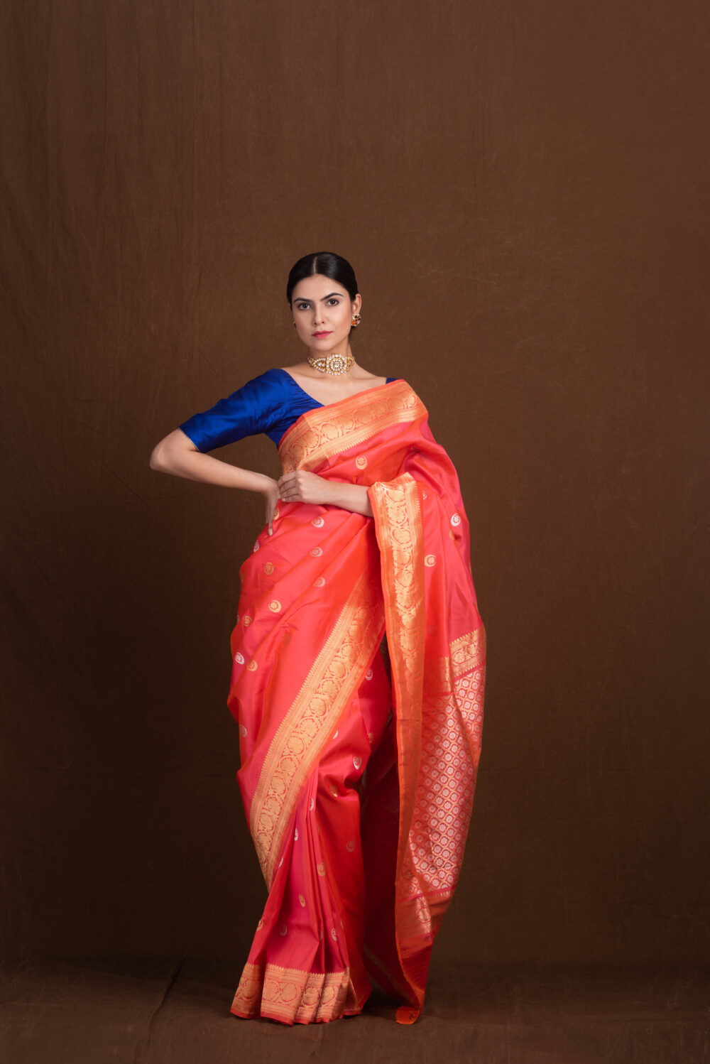 Orange pink Banarasi Saree with Sona Rupa chand tara Booti