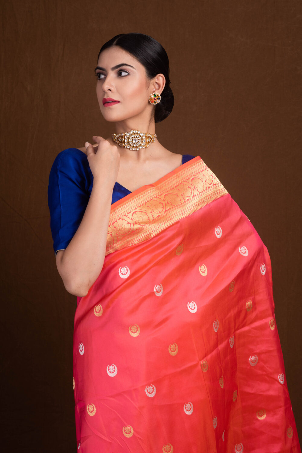 Orange pink Banarasi Saree with Sona Rupa chand tara Booti - Image 2