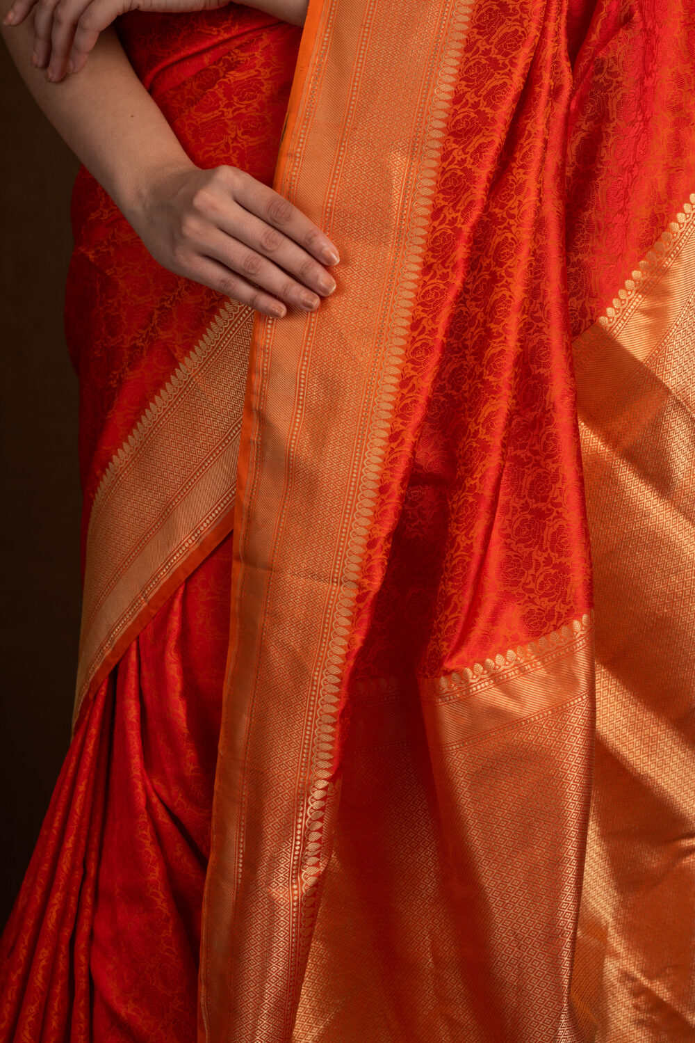 Orange tanchoi Pure Katan Silk Handloom Banarasi Saree - Image 3