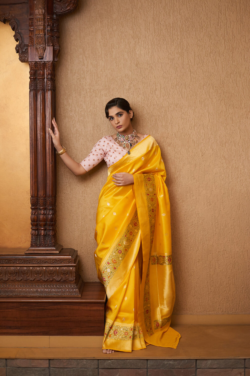 Yellow Meenakari Pure Katan Silk Handloom Banarasi Saree