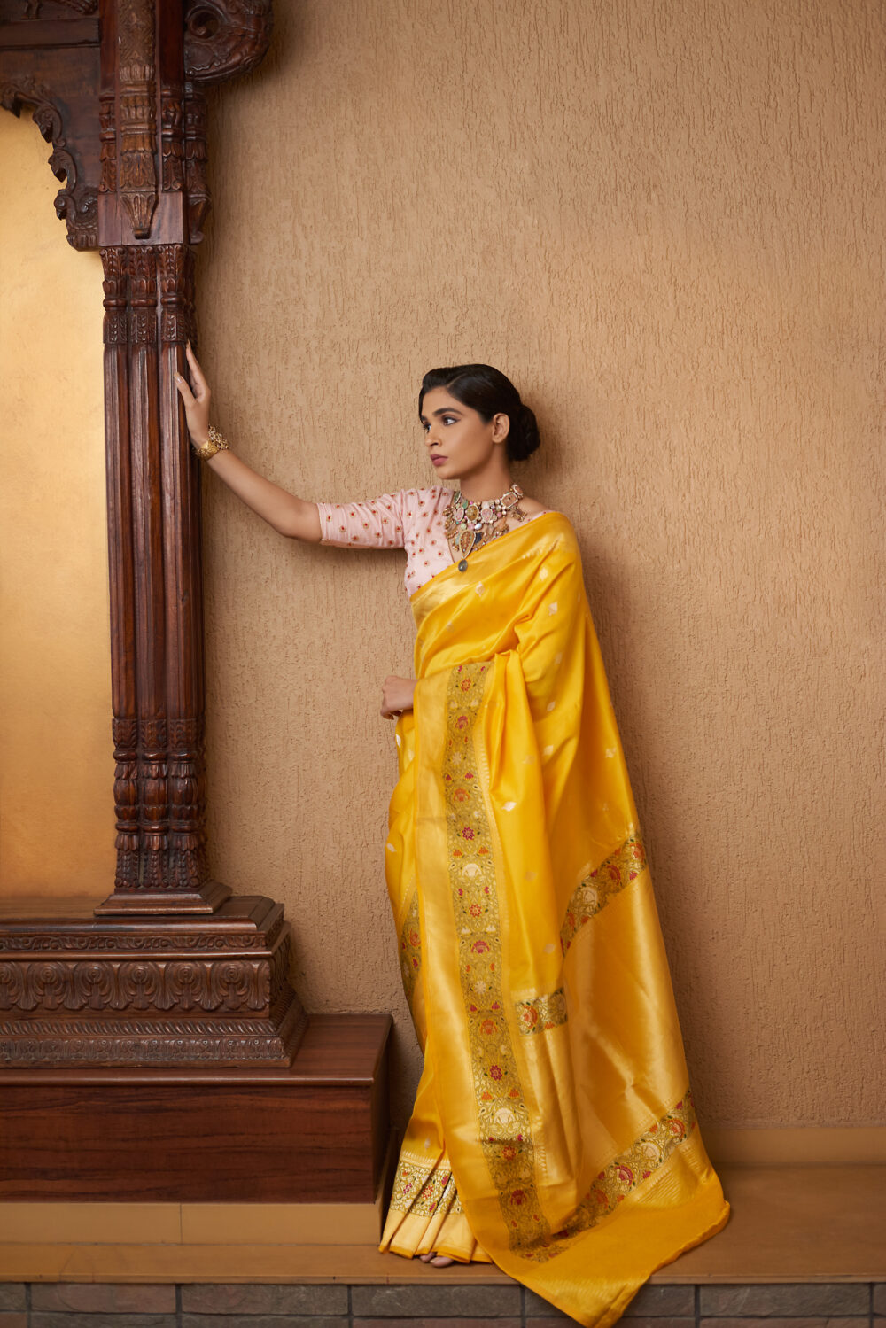 Yellow Meenakari Pure Katan Silk Handloom Banarasi Saree - Image 2