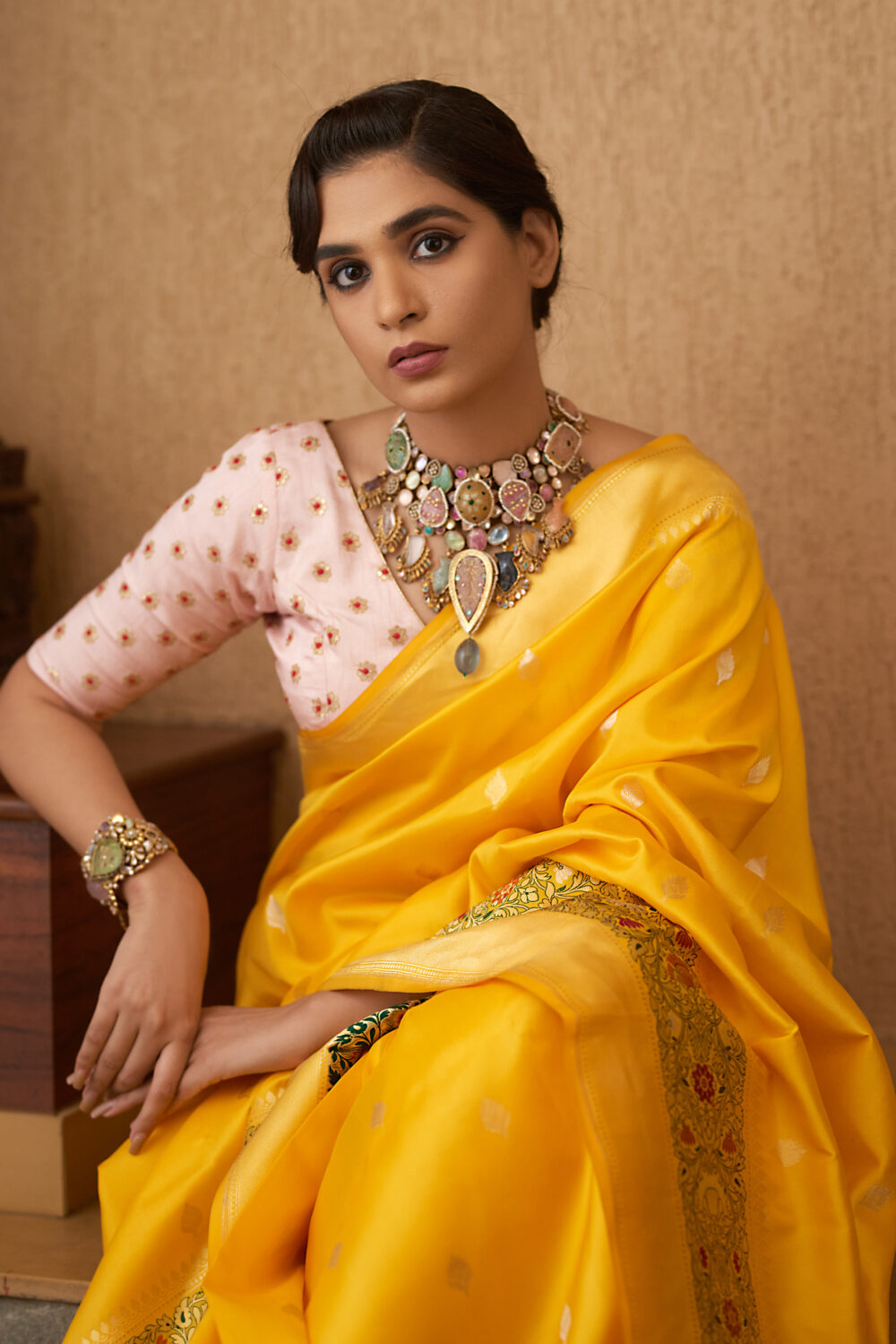 Yellow Meenakari Pure Katan Silk Handloom Banarasi Saree - Image 3