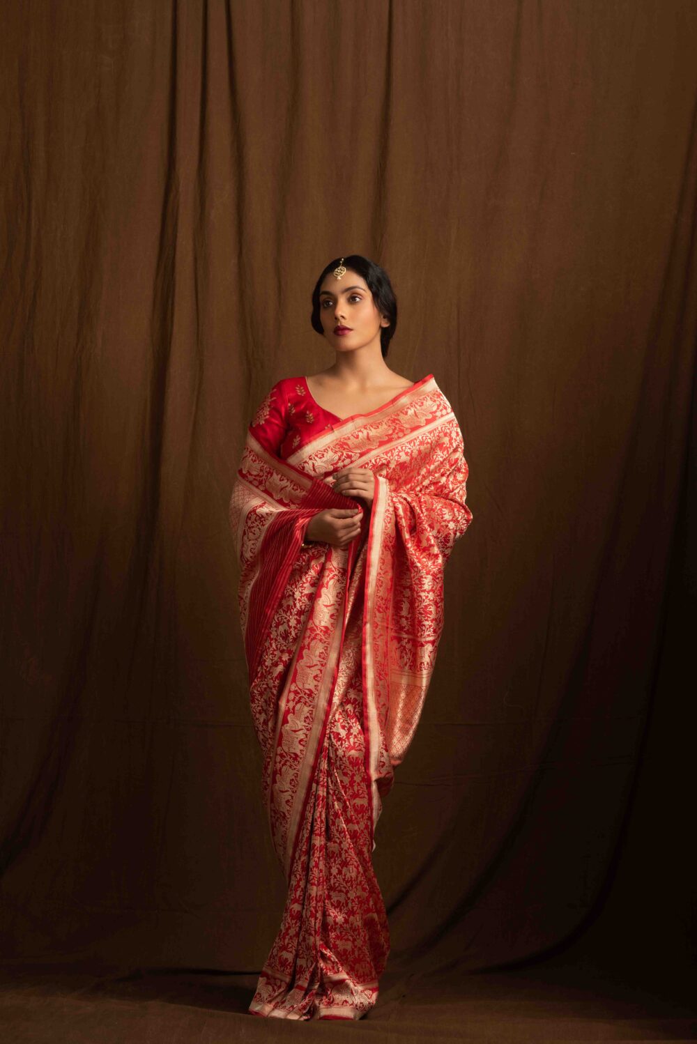 Red Shikargah Pure Katan Silk Handloom Banarasi Saree.