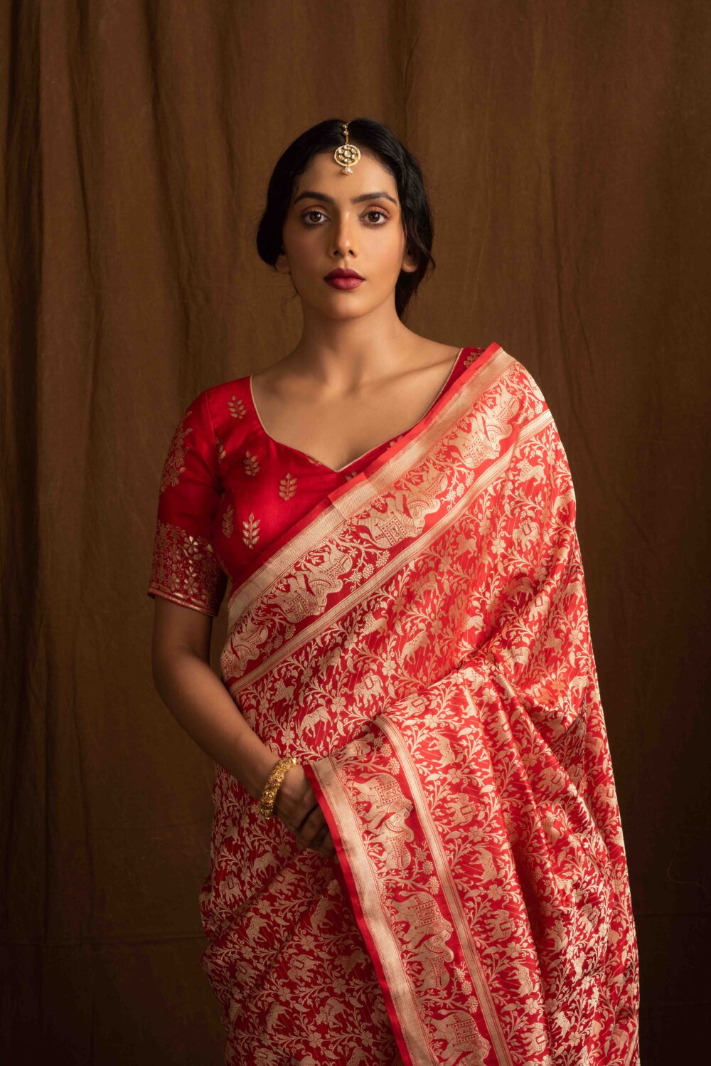 Red Shikargah Pure Katan Silk Handloom Banarasi Saree. - Image 3