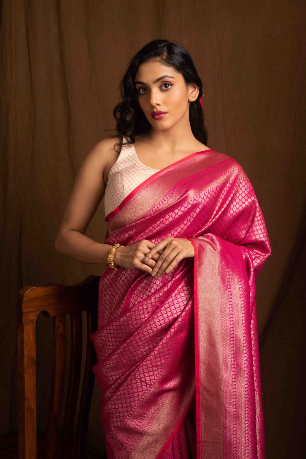 Fuchsia Pink Banarasi Silk Saree - Image 2