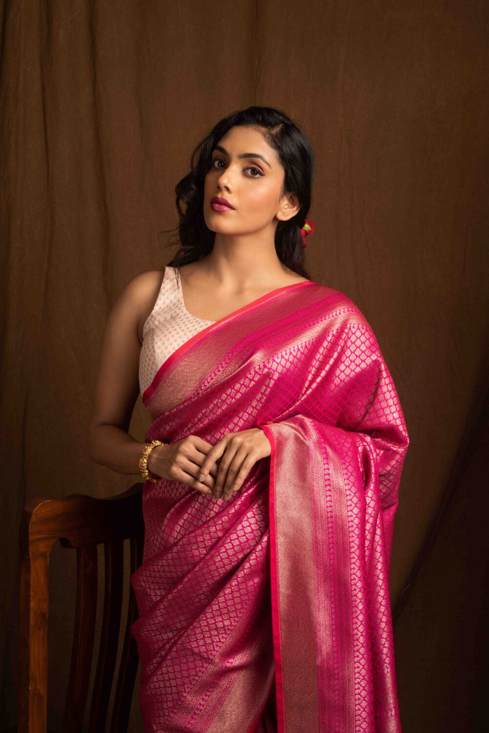 Fuchsia Pink Banarasi Silk Saree - Image 3