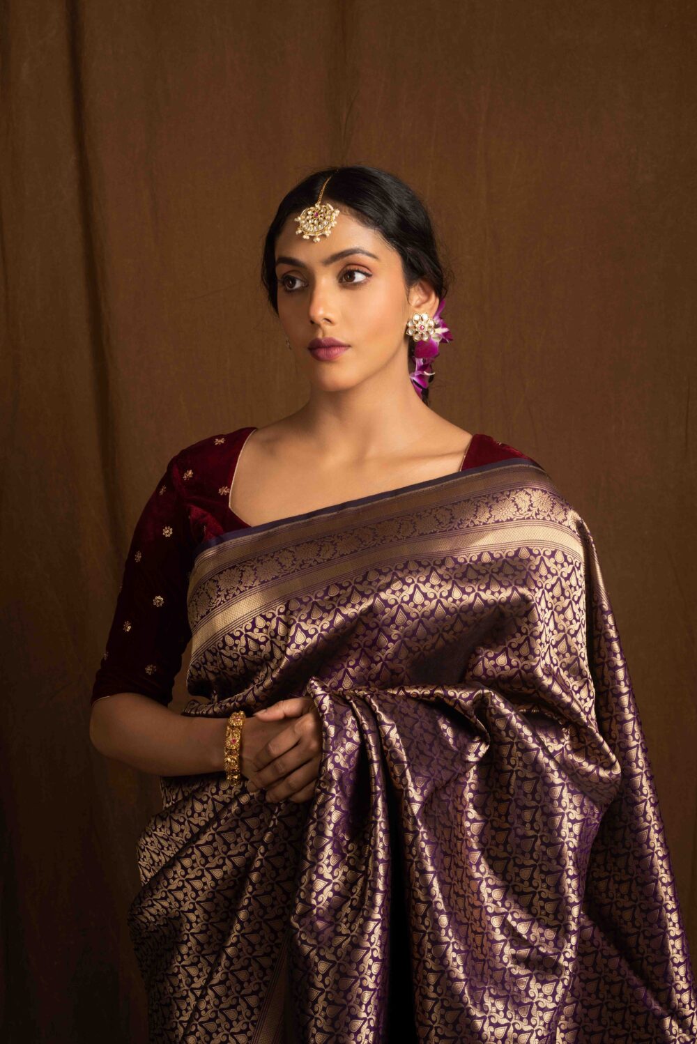 Deep Purple Pure Katan Silk Handloom Banarasi Saree - Image 4