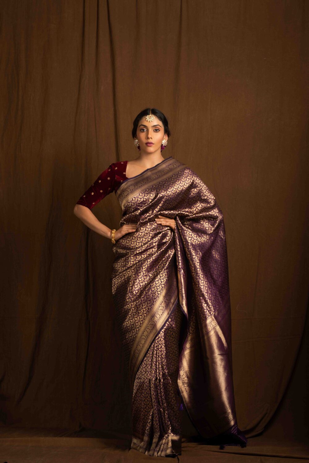 Deep Purple Pure Katan Silk Handloom Banarasi Saree - Image 3