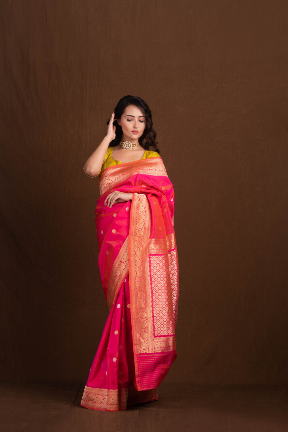 Strawberry pink Banarasi Saree with delicate Sona Rupa Booti