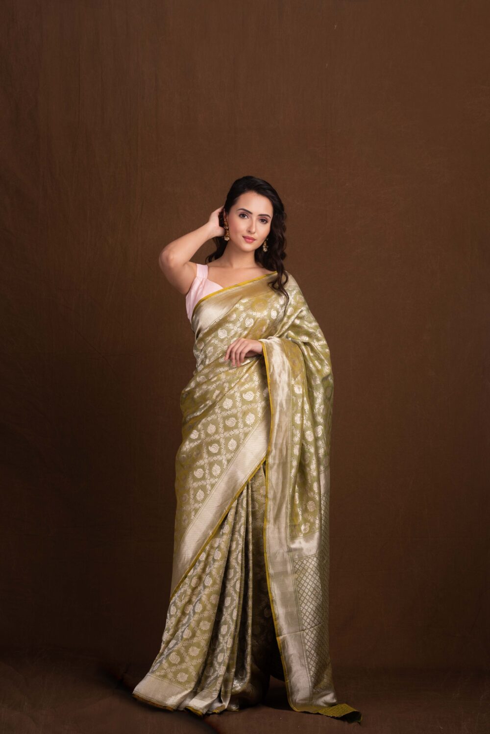 Green Pure Katan Silk Handloom Banarasi Saree - Image 2