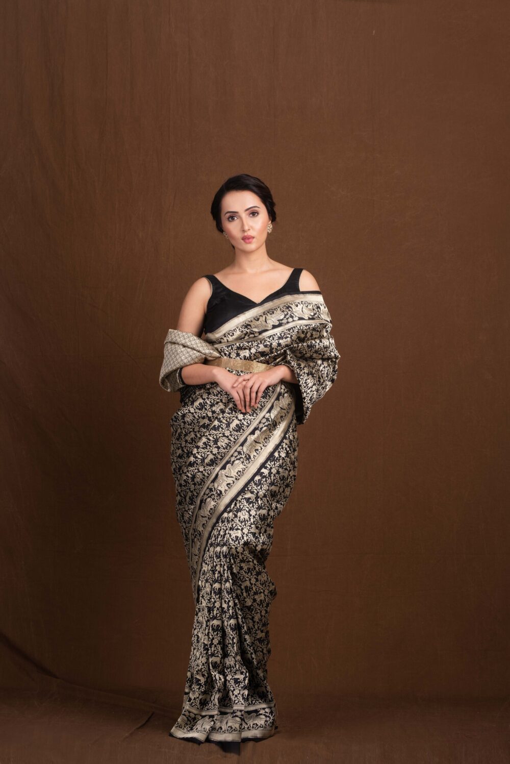 Black Shikargah Pure Katan Silk Handloom Banarasi Saree.